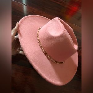 Pink Felt Fedora hat gold chain trim